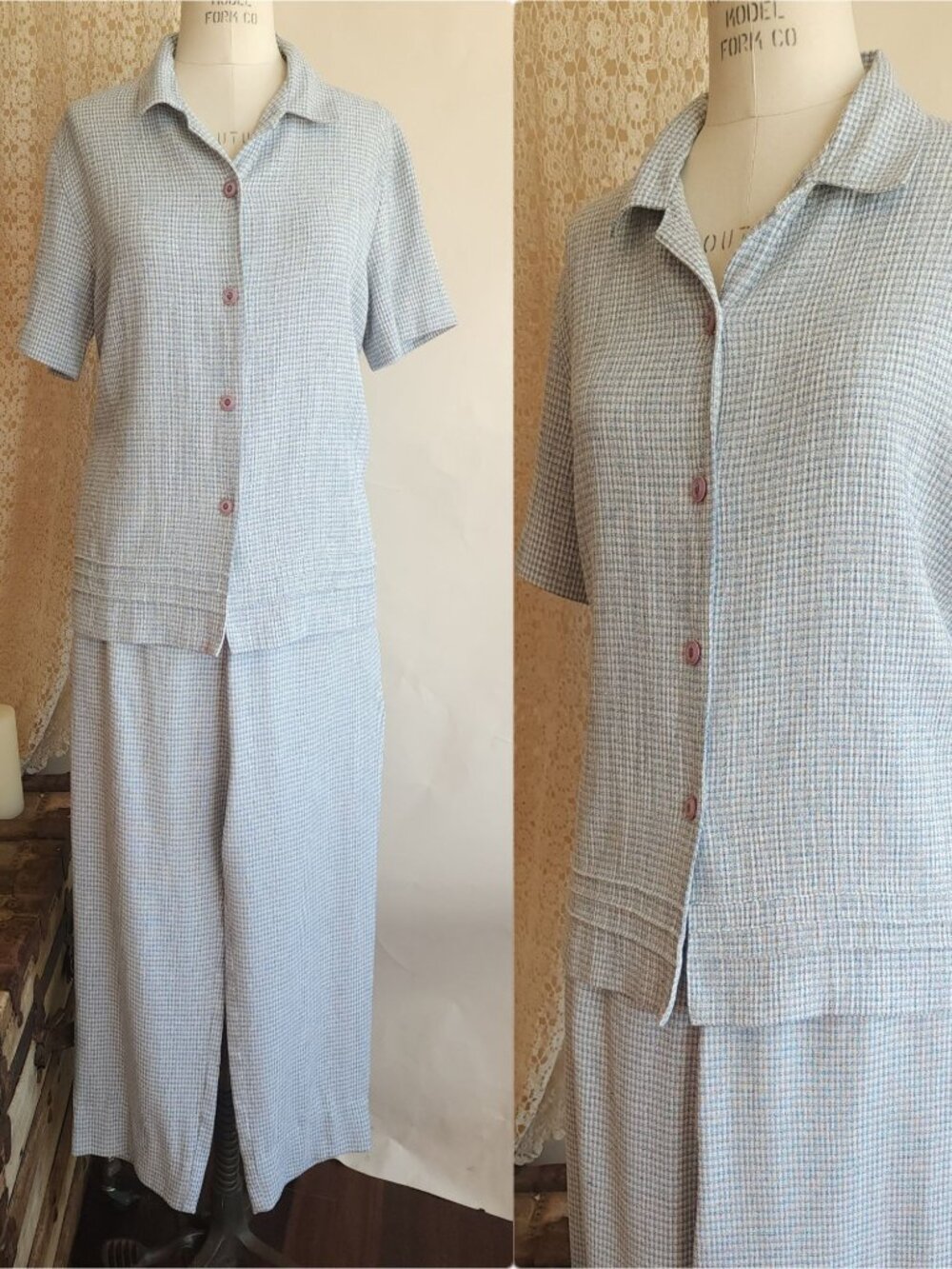Vintage 1990s Pant Suit, Sag Harbor Petites Blue and White Two Piece, Top And Pa